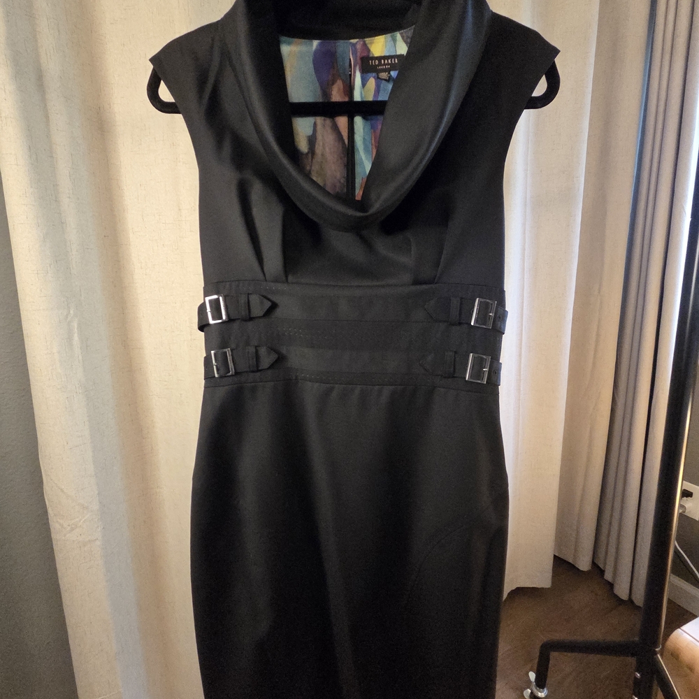 Ted Baker Black Cowl-Neck Midi Dress with Buckle Waist
